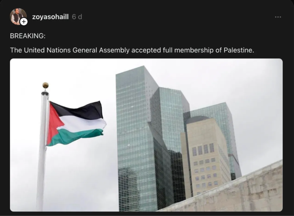 FALSE: The UN General Assembly has not granted Palestine full United Nations membership