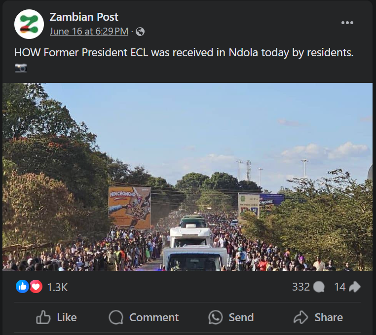 False: This image does not show how former president ECL was received in Ndola